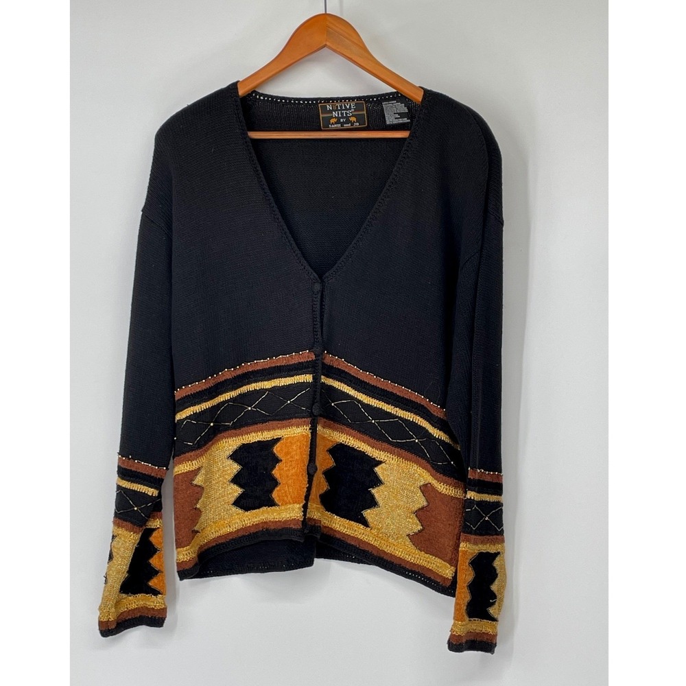 Native Nits Womens Cardigan Large Sweater Black Southwestern Beaded